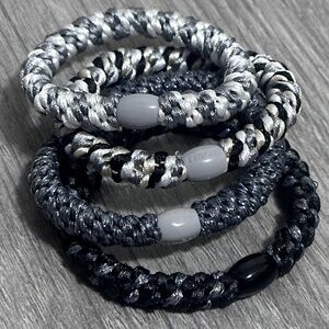 4 Original Individual 2" x 2" KKNEKKI Hair Elastics Ties in Greys, Blacks, White